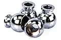 A close-up view of three shiny, silver-coloured metal suspension ball studs for RC vehicles.