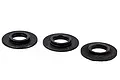 Three black metal flanged washers arranged in a row against a white background.