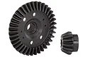 A black machined spiral cut ring gear and pinion gear set for an RC car differential.