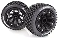 Two Louise 2.2 inch ST-Uphill RC truck wheels with black spoke rims and knobby rubber tires, shown against a white background.