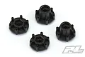 Four black Pro-Line 12mm hex wheel adapters for RC vehicles, showing both narrow and wide profiles on a white background.