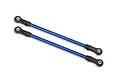 Two blue Traxxas TRX-4 rear upper suspension links with black plastic rod ends on a white background.