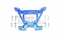 A blue anodized aluminium rear shock tower for an RC car, accompanied by six silver metal screws, isolated on a white background.