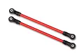 Two red Traxxas TRX-4 rear lower suspension links with black rod ends on a white background.