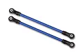 Two blue Traxxas TRX-4 rear lower suspension links with black plastic rod ends on a white background.