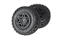 Two black ARRMA dBoots Sidewinder SC short course RC truck wheels with star-pattern rims on a white background.