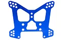A blue anodized aluminium rear shock tower for an RC car with multiple mounting holes.