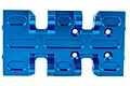 A blue anodised aluminium RC car chassis plate component with multiple mounting holes and recessed slots.