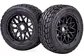 Two Rovan Tarmac Buster RC buggy front wheels with black mesh rims and beadlock rings on a white background.
