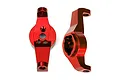 Two red anodized aluminium portal drive caster blocks for Traxxas TRX-4 RC cars, shown from front and side angles.