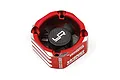 A red aluminium Yeah Racing cooling fan booster with a black fan blade assembly and carbon fiber style center cap on a white background.