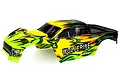 A pre-painted green and yellow HSP Wolverine RC truck body shell with flame graphics and the word Wolverine printed on the side.