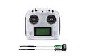 FlySky FS-I6S 10-channel RC transmitter in silver with a black FS-IA6B receiver unit featuring dual antennas.