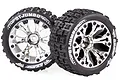 Two Louise 2.8 inch ST-Jumbo RC monster truck wheels with chrome rims and black off-road tires against a white background.