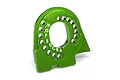 A bright green anodized aluminium motor plate for a Traxxas TRX-4 RC crawler, featuring lettered adjustment holes.