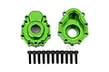 Two green anodized aluminium portal drive housings for Traxxas TRX-4 with a set of twelve black socket head screws on a white background.
