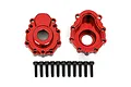 Two red anodized aluminium portal drive housings for Traxxas TRX-4 with a set of twelve black mounting screws arranged in a row below them.