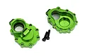 Two green anodized aluminium rear inner portal drive housings for Traxxas TRX-4 with two black mounting screws on a white background.