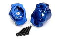 Two blue anodized aluminium rear inner portal drive housings for Traxxas TRX-4 with four black hex screws on a white background.