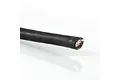 A close-up view of a thick black silicone-insulated electrical wire showing the exposed multi-strand copper core at the cut end.