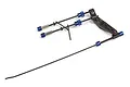 Losi 5IVE-T 2.0 throttle and brake linkage set featuring metal rods, blue anodized collars, and a black plastic servo horn.