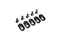 Five black metal engine mount inserts and five matching flat-head screws for a Losi 5IVE-T 2.0 RC car.