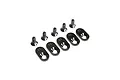 A set of five black engine mount inserts and five matching black countersunk screws for Losi 5IVE-T 2.0 RC vehicles.