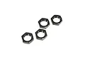 Four black serrated aluminium wheel nuts for RC vehicles arranged on a white background.