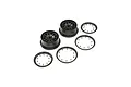 Two black RC wheel rims and four matching beadlock rings arranged on a white background.