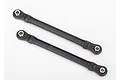 Two black Traxxas RC front toe linkages with metal pivot balls at each end, shown against a plain white background.