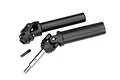 Traxxas Extreme Heavy Duty rear drive shaft assembly featuring black composite shafts and metal stub axles on a white background.