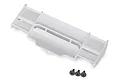 A white plastic RC car wing for the Traxxas Rustler 4x4, shown with three black mounting screws on a white background.
