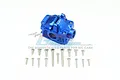 A blue anodized aluminium front differential housing for an RC car by GPM Racing, shown with a set of included mounting screws.