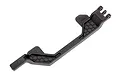 A black plastic Traxxas battery hold down bar with a honeycomb textured design, viewed from an angle against a white background.