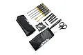 A comprehensive Yeah Racing 1/10 scale RC track day tool set, including various screwdrivers, nut drivers, a camber gauge, scissors, and a black LiPo safe bag.