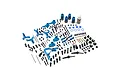 A comprehensive Yeah Racing blue aluminium performance conversion kit for Tamiya TT-02 RC cars, featuring various suspension arms, knuckles, and hardware.