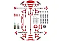 A flat-lay view of the Yeah Racing red aluminium conversion kit for the Tamiya TT-02, showing various metal suspension and chassis parts.