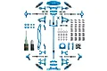 A flat-lay view of the Yeah Racing blue aluminium conversion kit for the Tamiya TT-02 RC car, featuring various metal suspension and chassis components.