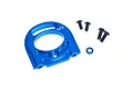 A blue anodized aluminium adjustable motor mount for Tamiya TT-02 by Yeah Racing, including four black screws and one small blue washer.