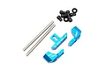 Yeah Racing blue aluminium suspension components for Tamiya TT-02, including metal pins, ball studs, and spacers on a white background.