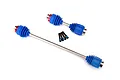 Two Traxxas steel CV drive shafts of different lengths with blue rubber boots and four small black screws on a white background.