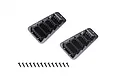 Two black metal bonnet vent accessories for an RC crawler, accompanied by a row of small black mounting screws on a white background.