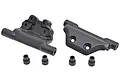 RPM Rustler 4x4 wheelie bar mount parts including two main black plastic brackets and four small black plastic spacers on a white background.