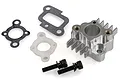 Rovan silver aluminium intake manifold set including gaskets, plastic spacer, and two mounting bolts on a white background.