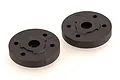 Two black circular RC shock pistons with multiple holes, viewed from an angle against a white background.