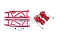 A set of red anodized aluminium rear hubs and lower suspension arms for an ARRMA RC vehicle, including mounting screws and nuts.