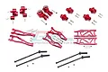A collection of red anodized aluminium suspension parts and black steel drive shafts for an ARRMA RC vehicle, laid out on a white background.