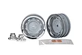 Two 1.9 inch chrome and grey RC crawler rims with matching chrome center caps and a small sheet of wheel cap decals on a white background.