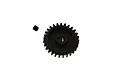 A black metal pinion gear with a small grub screw isolated on a white background.