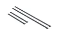 Four grey hook and loop battery straps of varying lengths arranged on a white background.